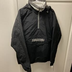 Starter Classic Logo Quarter Zipped Hooded Jacket Black Silver Men Medium Retro